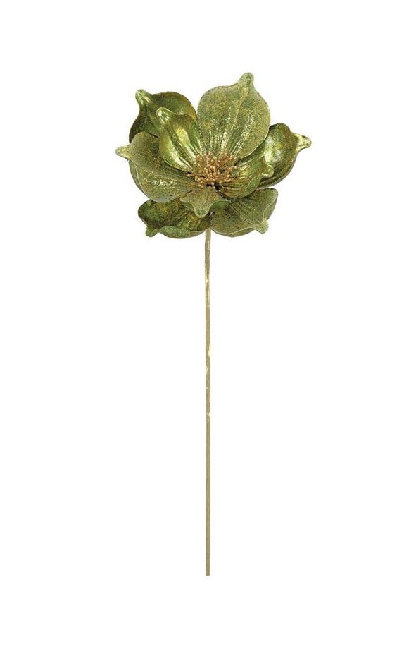 23-inch metallic green magnolia spray with shimmering layered petals on a slender stem.