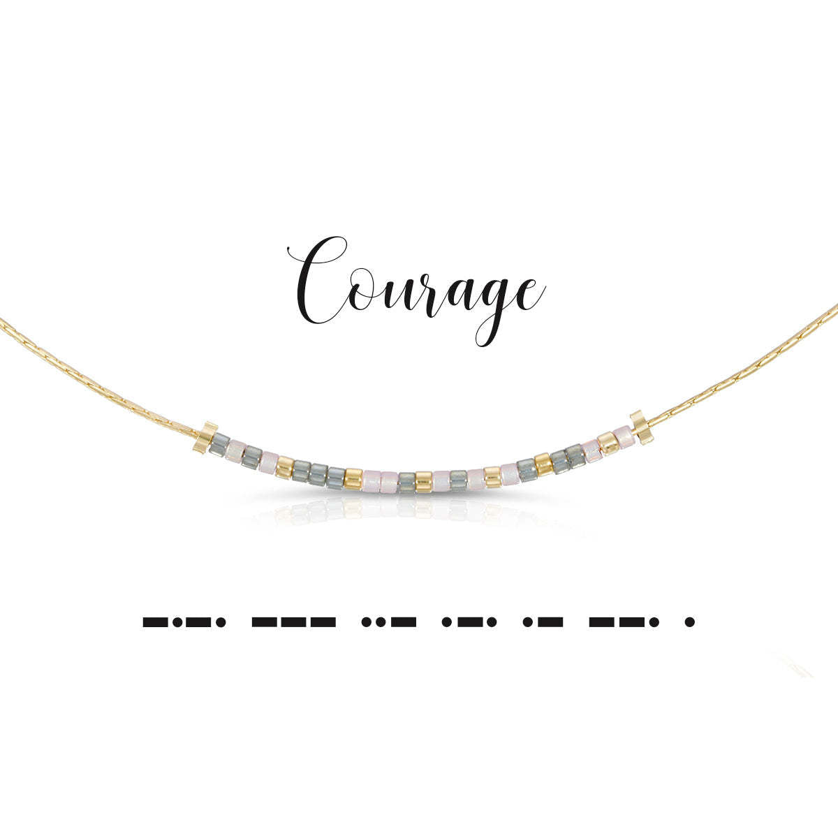 Gold chain necklace with iridescent gray, light pink, and gold beads spelling Courage in Morse code.
