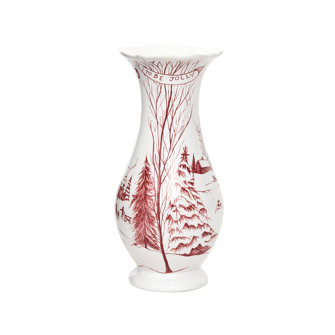 Ruby ceramic Country Estate winter frolic vase with a rounded silhouette.