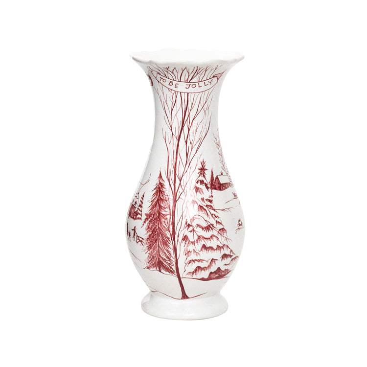 Ruby ceramic Country Estate winter frolic vase with a rounded silhouette.