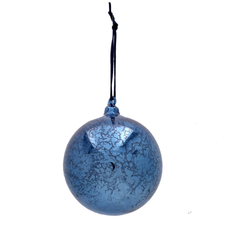 Blue hand-blown mercury glass ball ornament with a mottled vintage finish and hanging string.
