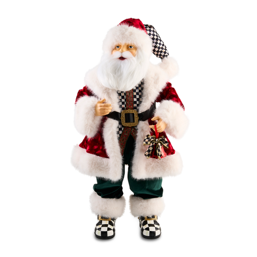 Animated Santa figure in a red velvet coat, courtly check vest, and matching checkered shoes.