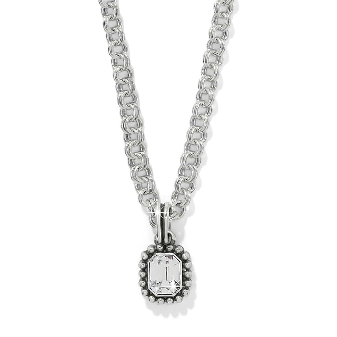Silver plated Twinkle Luxe Necklace with a crystal pendant on a chunky chain.