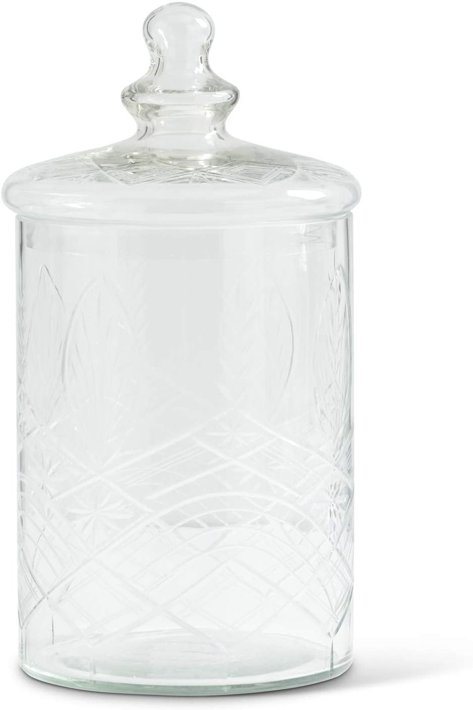 Clear glass lidded container with etched geometric patterns on a cylindrical silhouette.