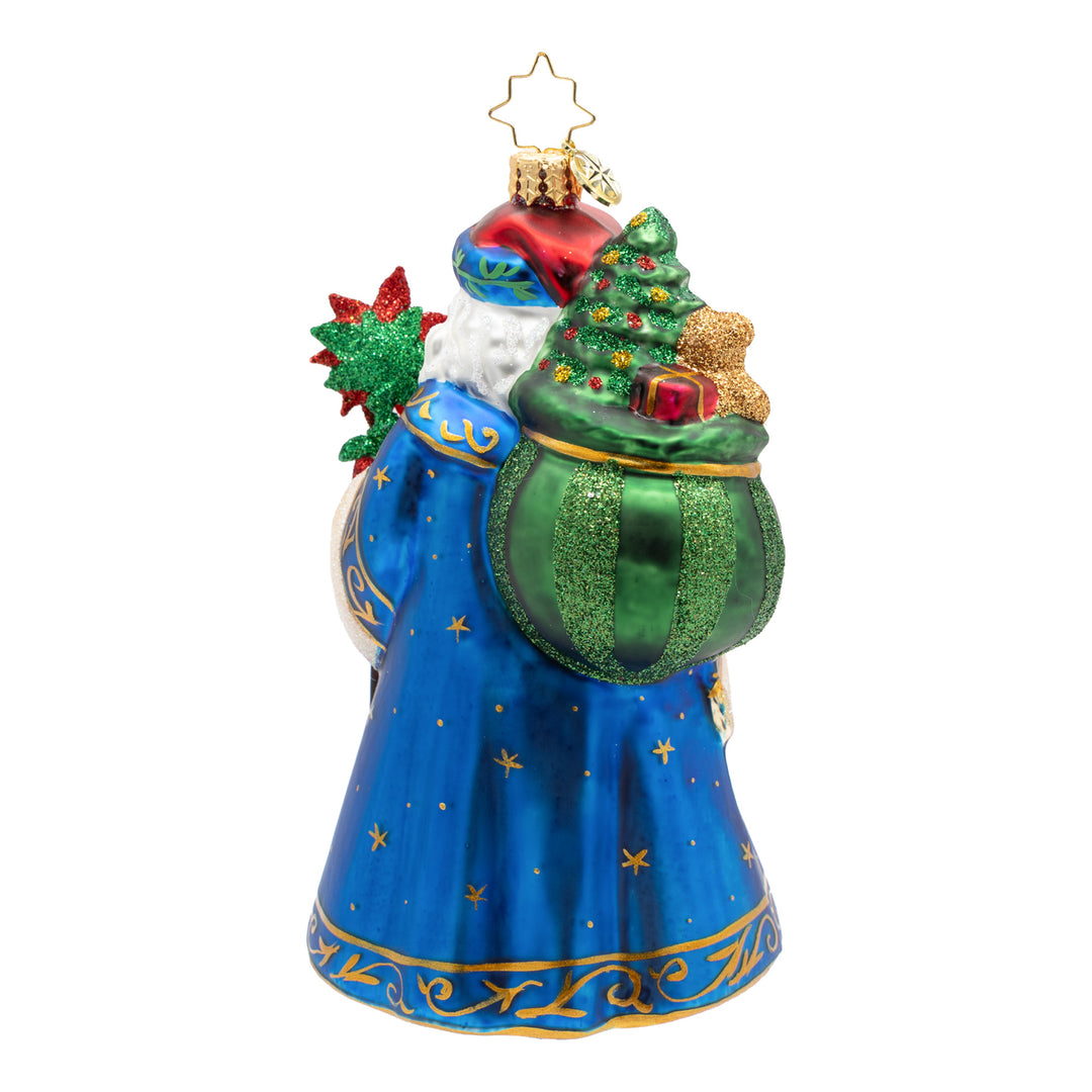 Back view of a blue Father Christmas glass ornament with a green sack of toys and a gold star top.