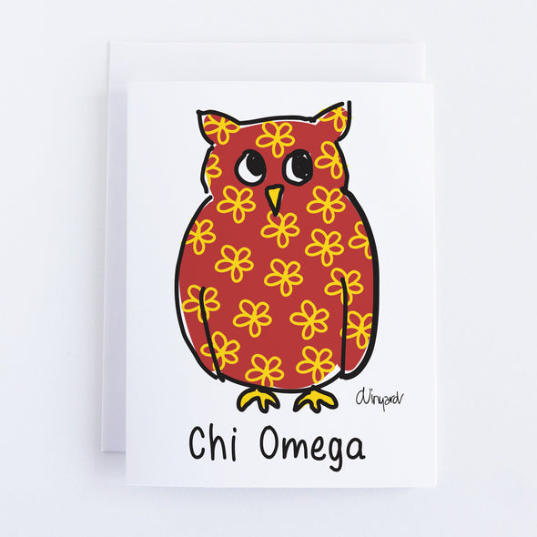 Chi Omega sorority notecard featuring a red owl with yellow flowers and the text "Chi Omega".