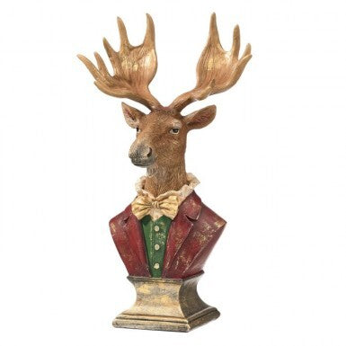 14-inch resin moose bust on a pedestal wearing a red coat, green vest, and gold bow tie.