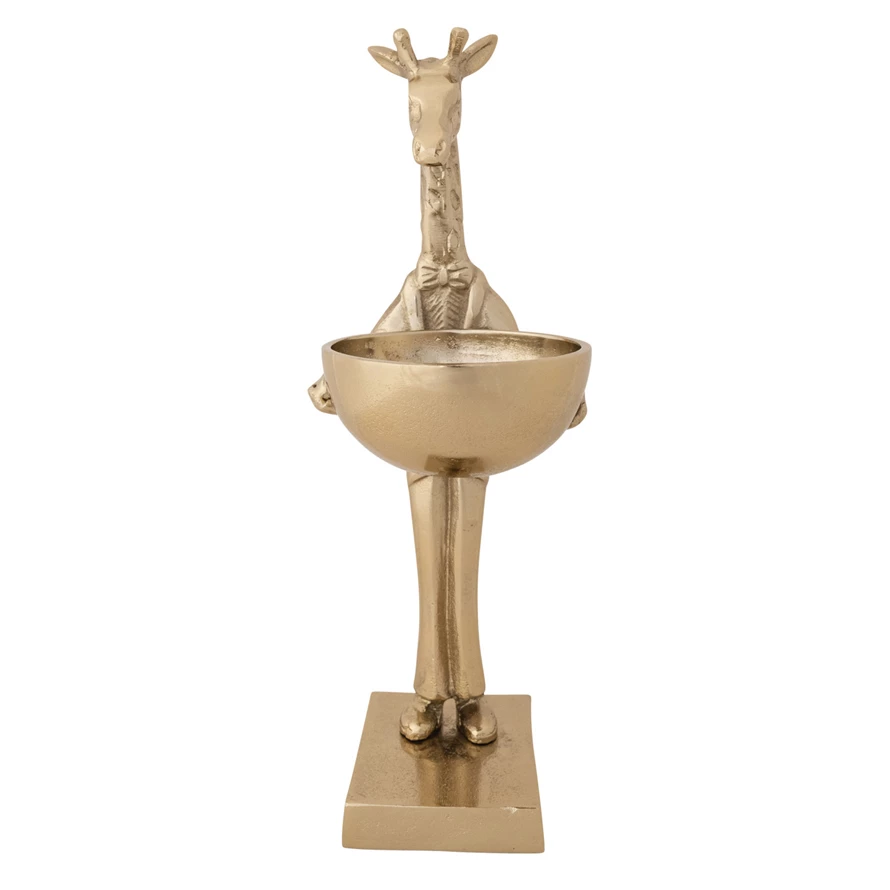 Gold-finished cast aluminum giraffe-shaped bowl holding a small dish.
