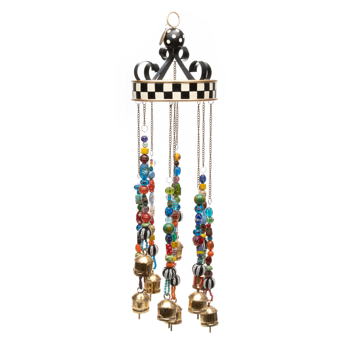 Bells and Bobbles Wind Chimes with checkered top, colorful glass beads, and brass bells.