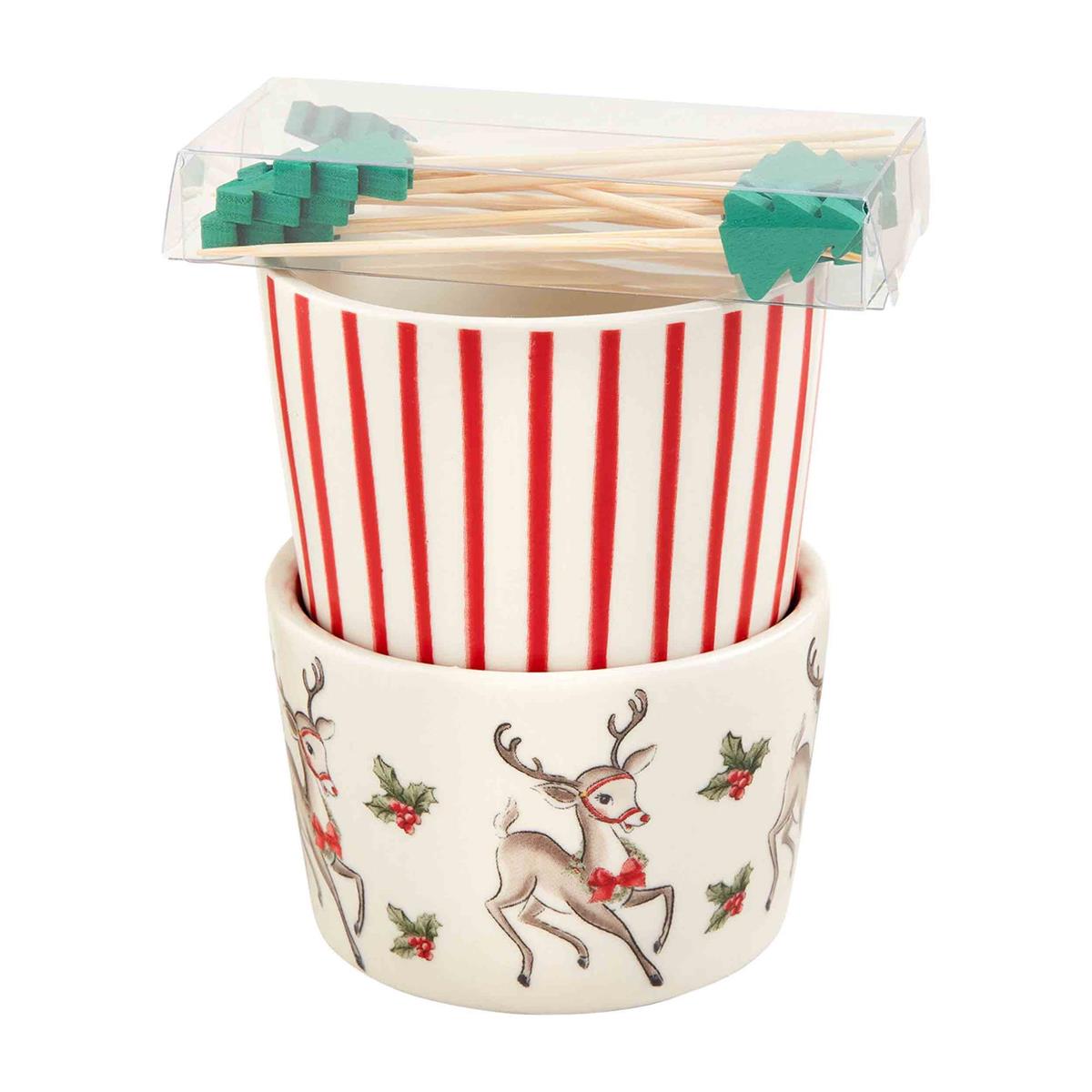 Vintage-style dolomite ramekin with toothpick in red Christmas pattern