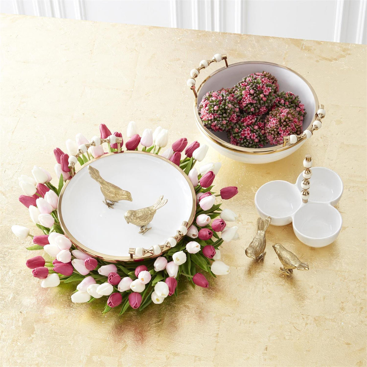 Twenty-two inch artificial tulip wreath with wire frame in pink PU material featuring eighty flowers and one hundred twenty leaves.