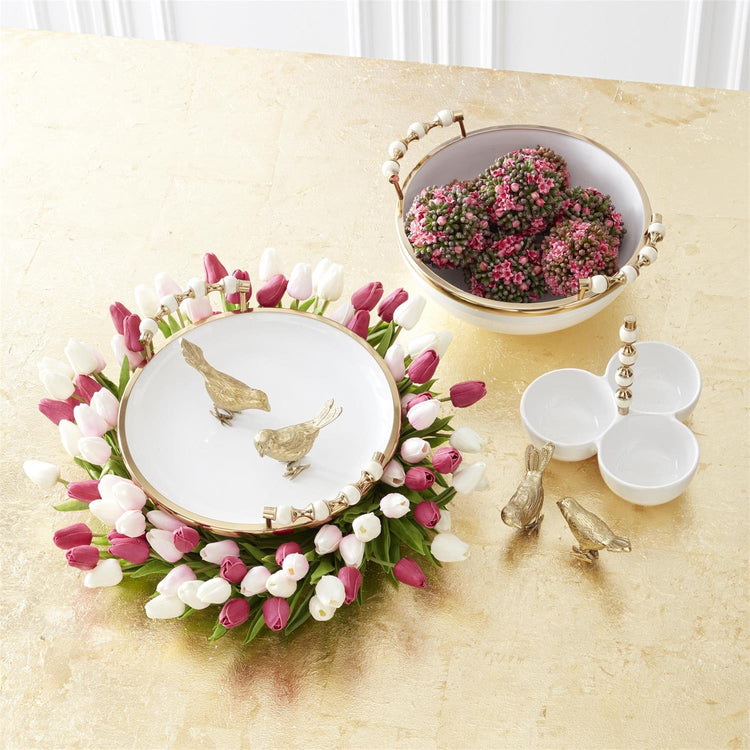 Twenty-two inch artificial tulip wreath with wire frame in pink PU material featuring eighty flowers and one hundred twenty leaves.
