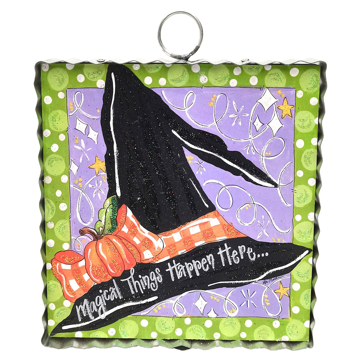 Mini art piece featuring a black witch's hat with a pumpkin and 'Magical Things Happen Here' text.