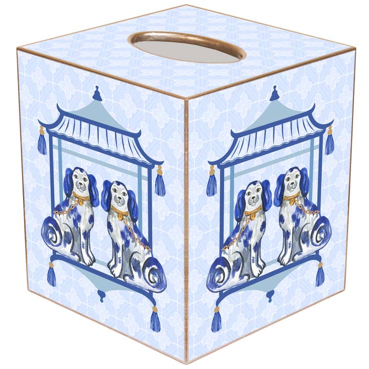 Handcrafted paper mache tissue box cover with gold-painted edges.