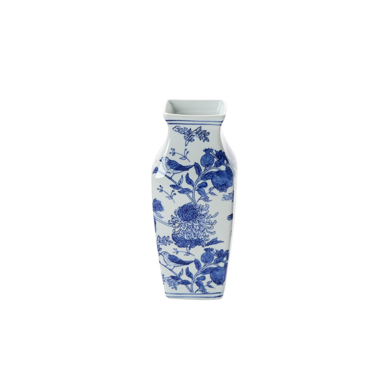 Hand-painted blue and white porcelain vase with chrysanthemum and bird motifs.