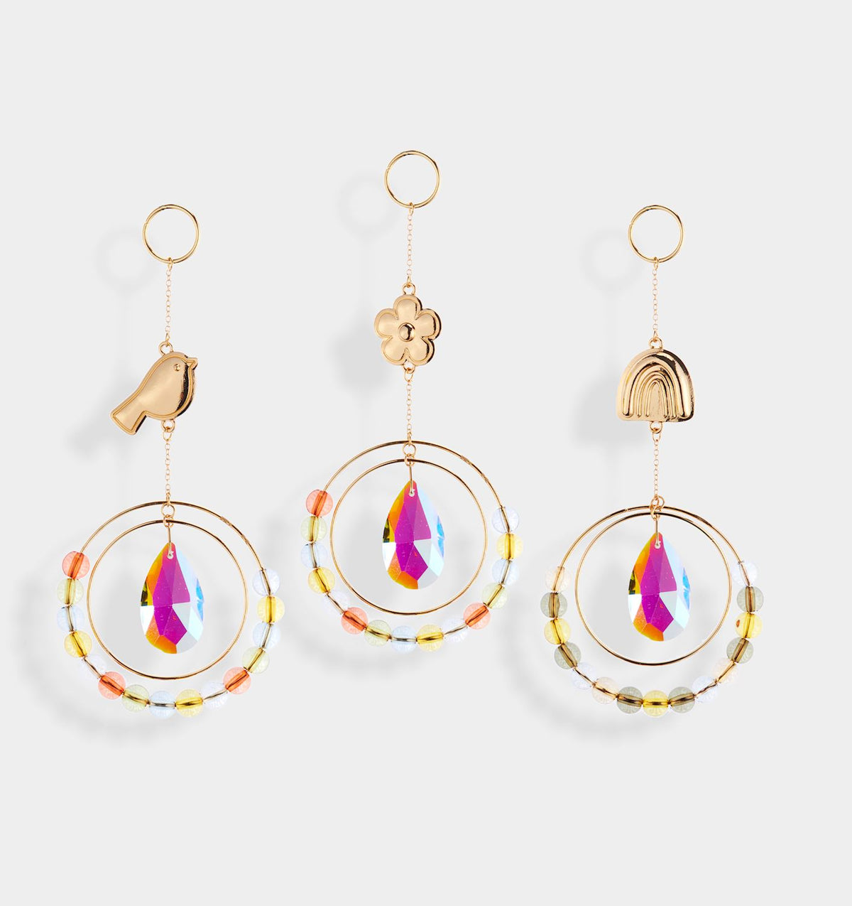 Hanging suncatcher with alloy frame, plastic beads, paper, and acrylic in a colorful patterned silhouette.