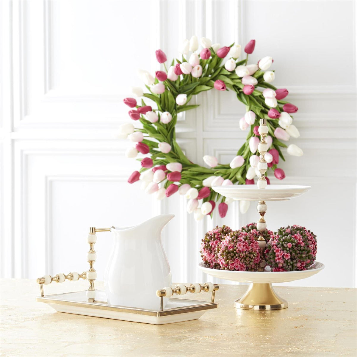 Twenty-two inch artificial tulip wreath with wire frame in red PU material featuring eighty flowers and one hundred twenty leaves.