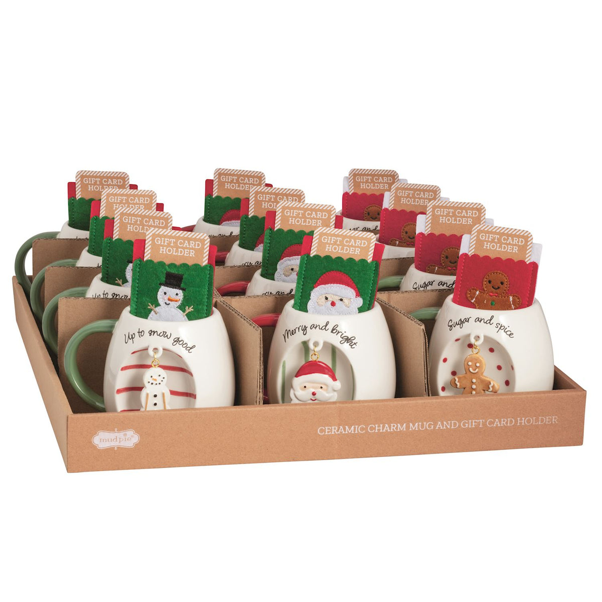 Ceramic charm mugs with gift card holders, featuring snowman, Santa, and gingerbread man designs.