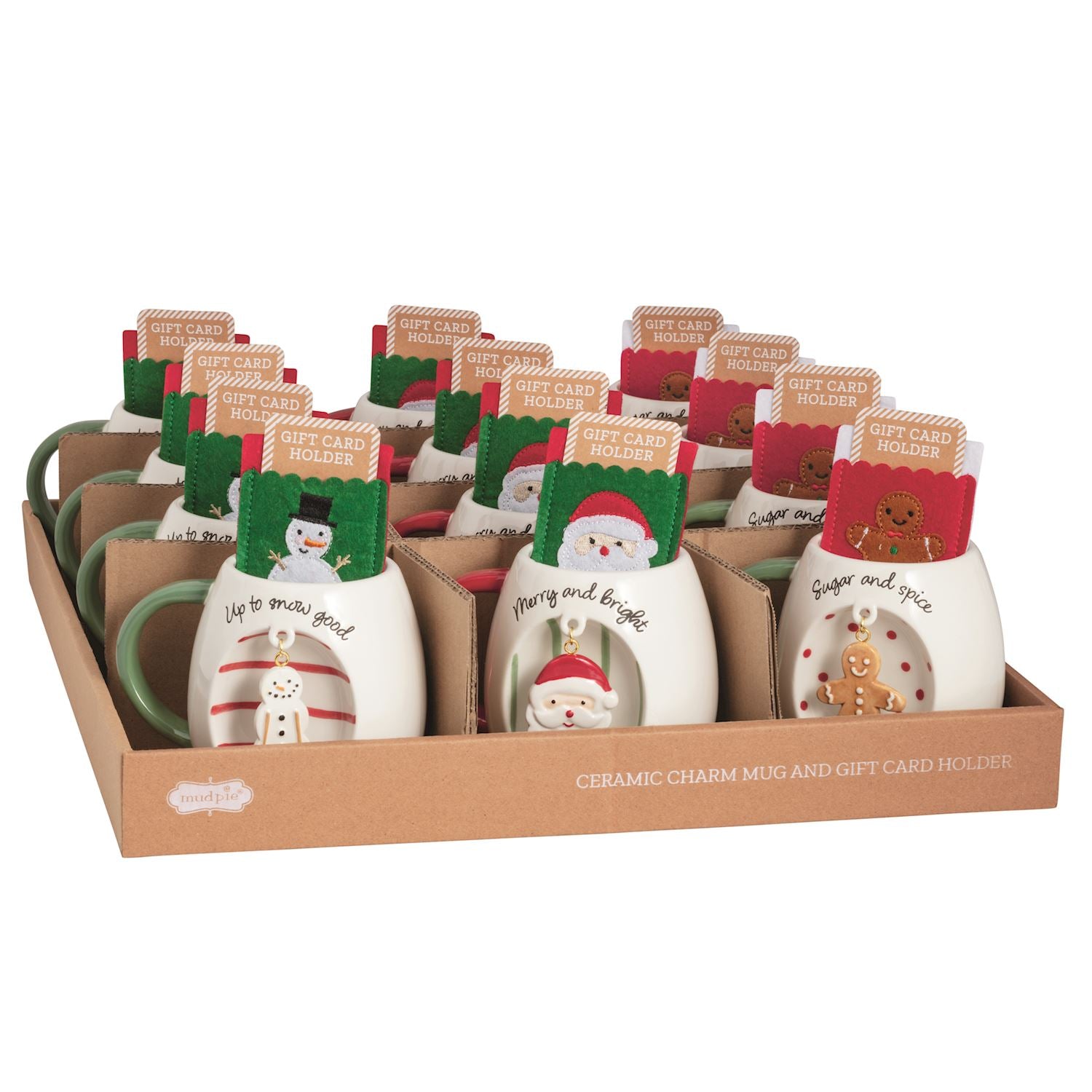 Ceramic charm mugs with gift card holders, featuring snowman, Santa, and gingerbread man designs.