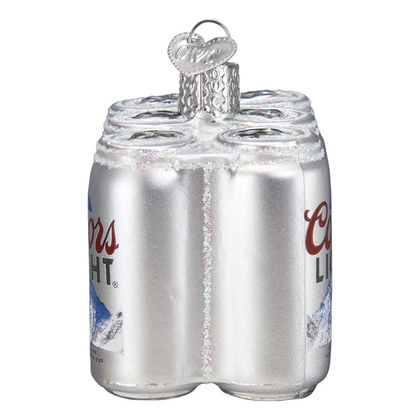 Glass Christmas ornament shaped like a silver Coors Light six pack with glitter accents.