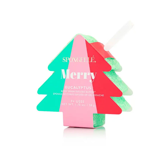 Holiday Tree Ornament Body Wash Infused Buffer shaped like a green Christmas tree with hanging ribbon.