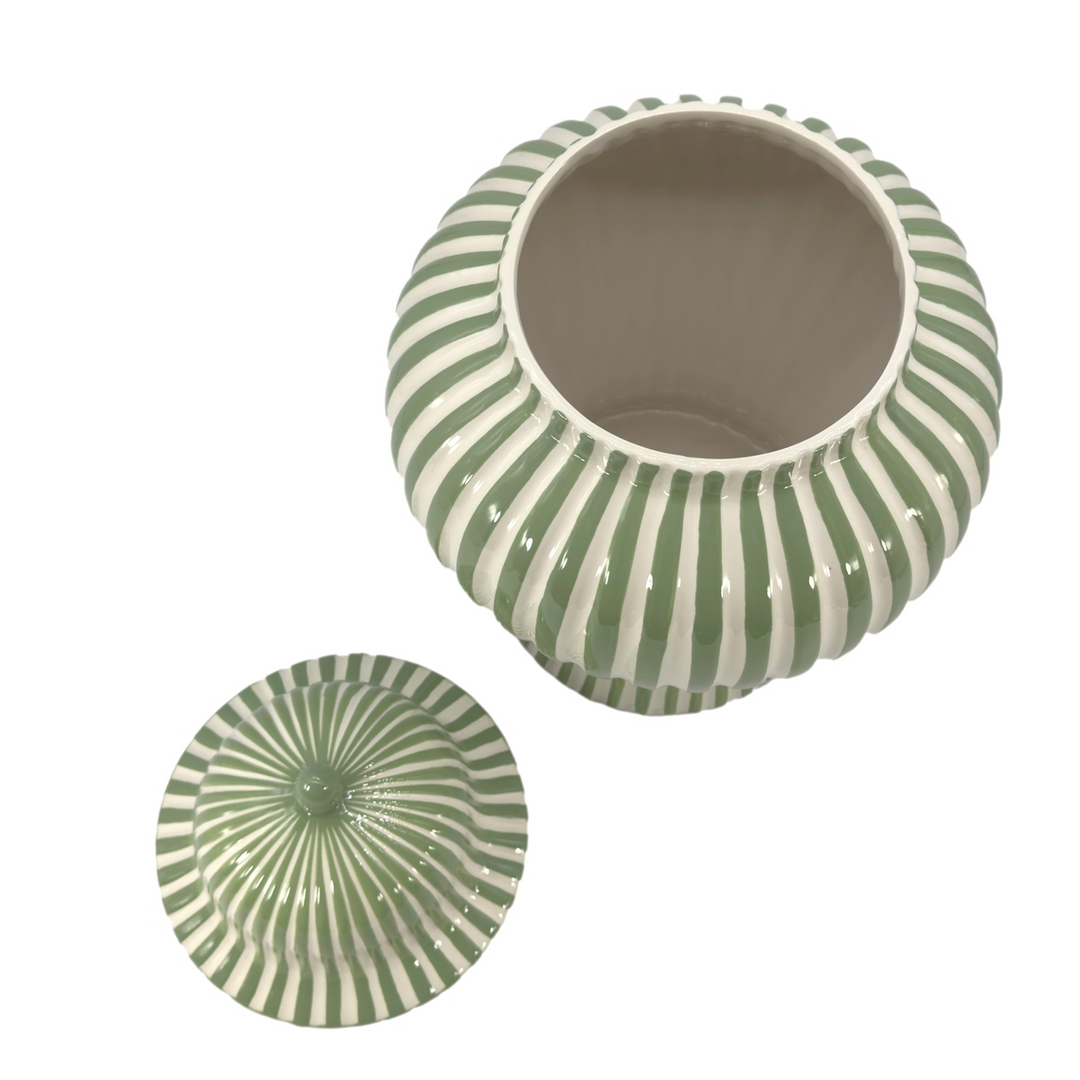 18-inch green and white candy cane striped ceramic vase with matching lid on a white background.