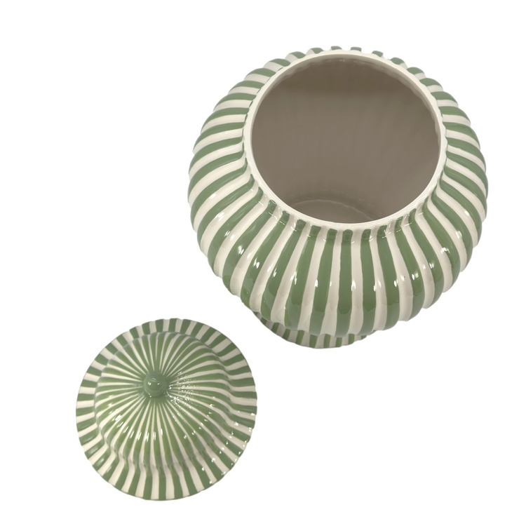 18-inch green and white candy cane striped ceramic vase with matching lid on a white background.