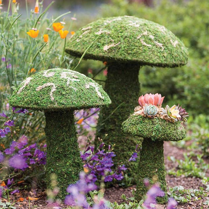 Deco Moss Mushroom Planter in natural green moss with a brown stem silhouette.
