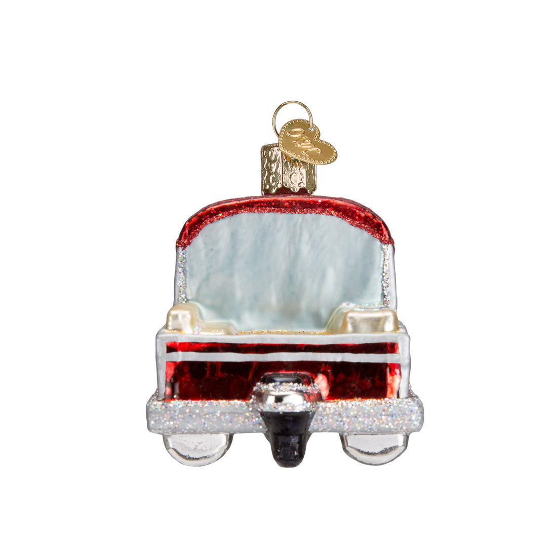 Hand-painted glass pontoon boat Christmas ornament with red, silver, and blue glitter details.