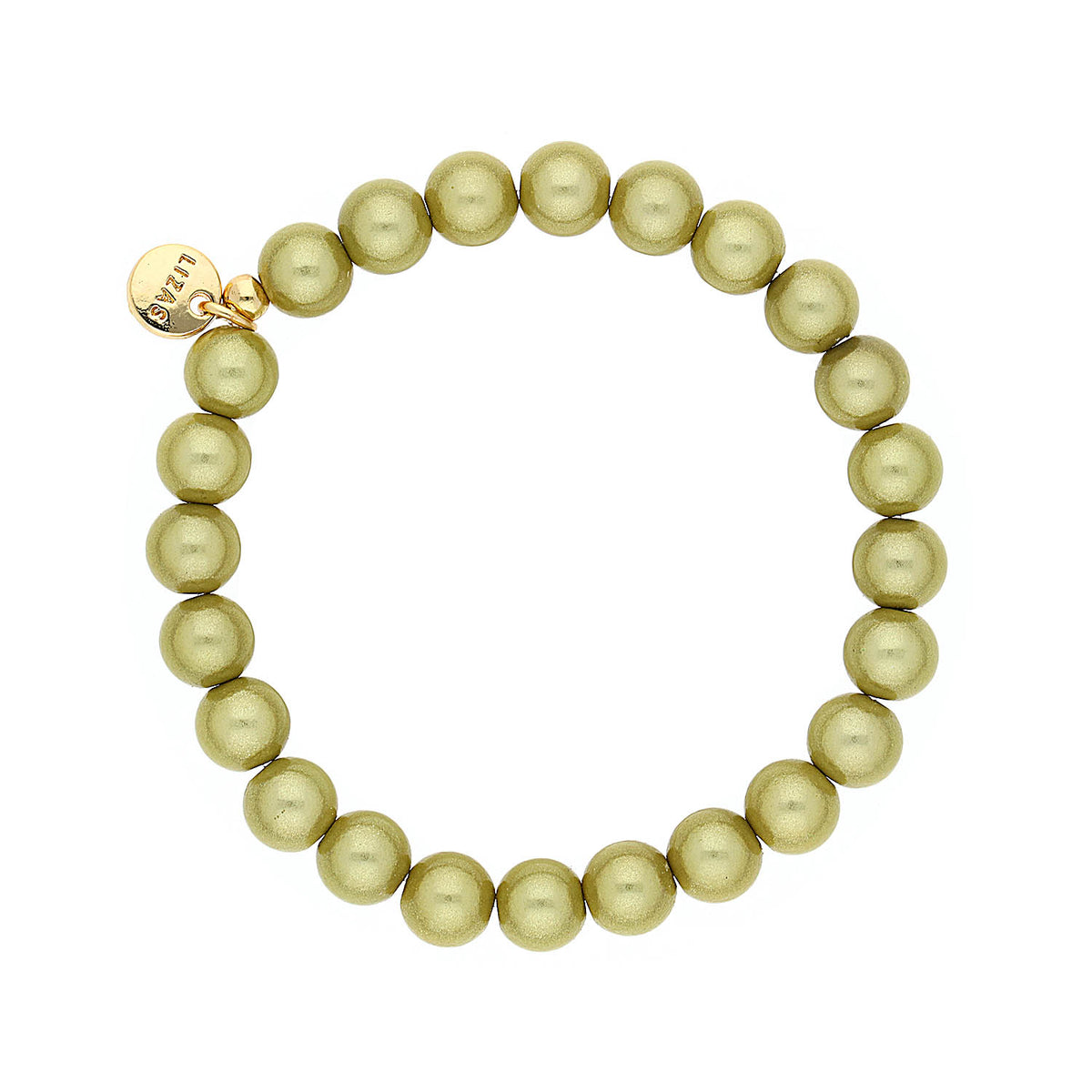 Bracelet Roundville with olive green Czech crystal beads and a gold Lizas logo charm.