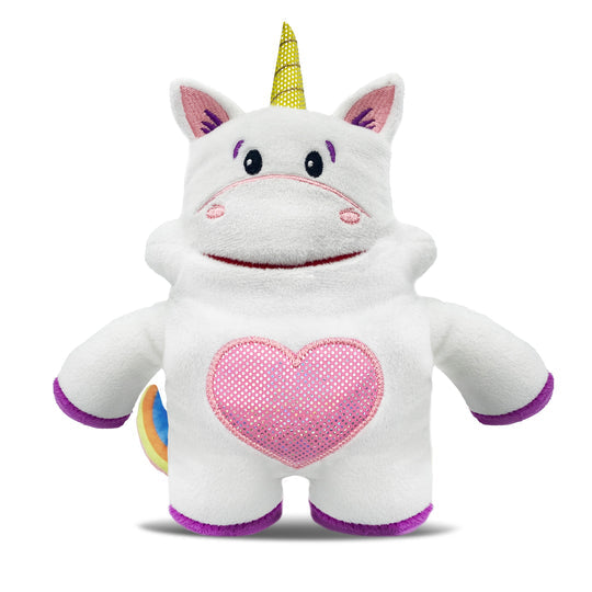 Sprinkles The Unicorn 8-inch tooth pillow in pastel pink fabric with white horn and tail details.