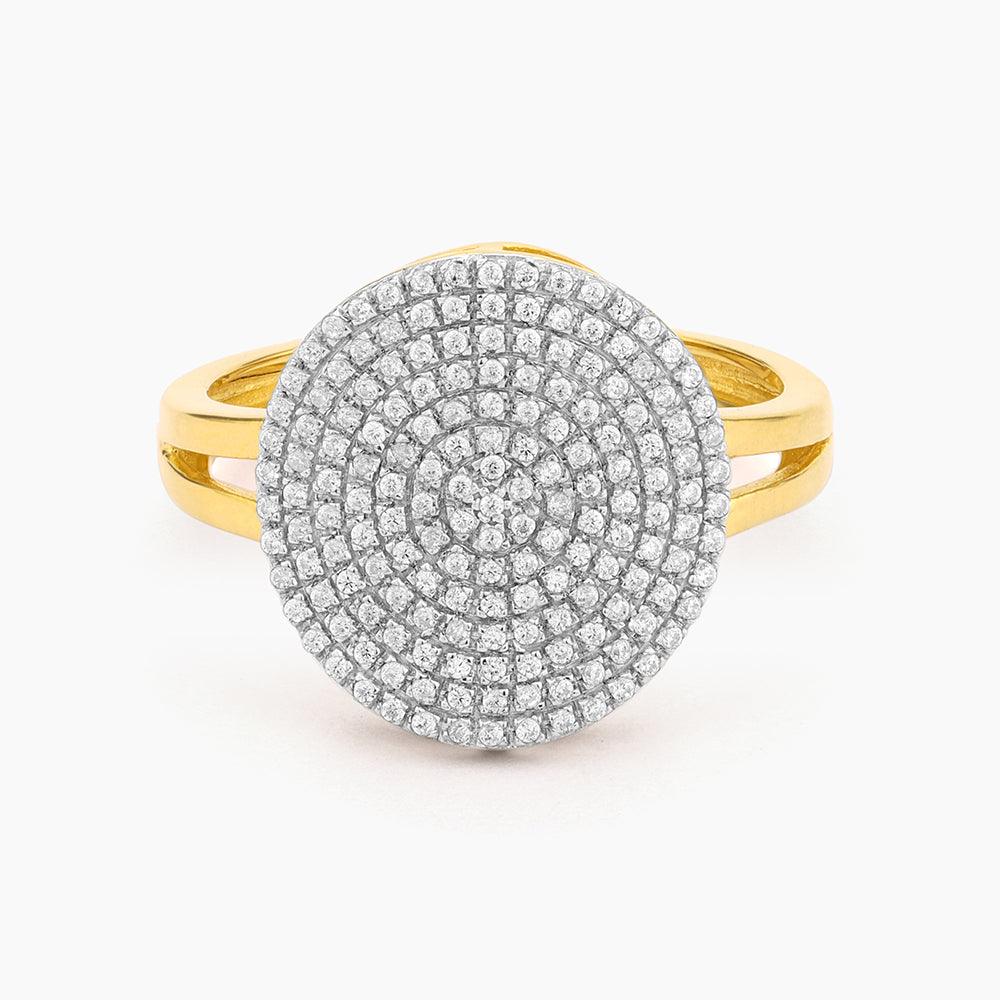 Right Round Statement Ring in yellow gold with a circular pave diamond cluster setting.