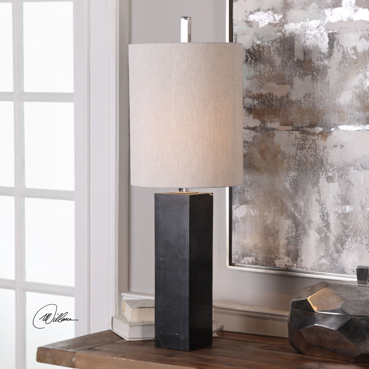 Delaney marble column accent lamp with a white stone base and black drum shade.