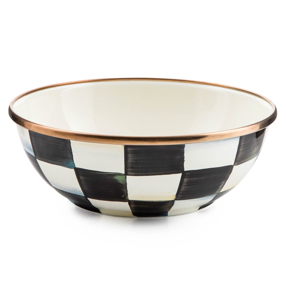 Courtly Check Enamel Everyday Bowl with hand-painted black and white checks and a bronzed rim.