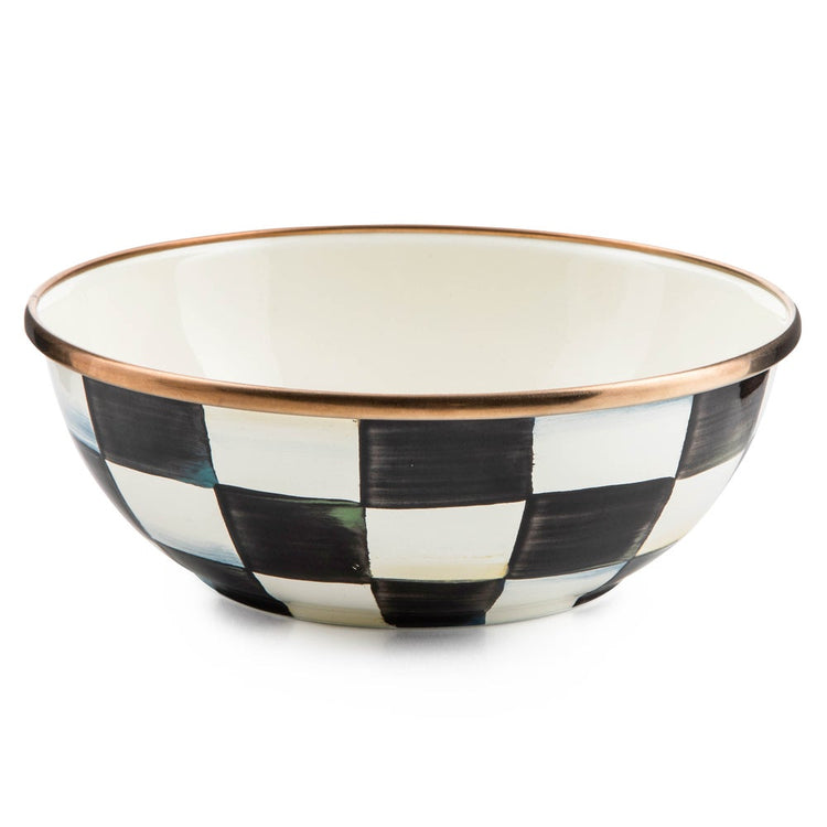 Courtly Check Enamel Everyday Bowl with hand-painted black and white checks and a bronzed rim.