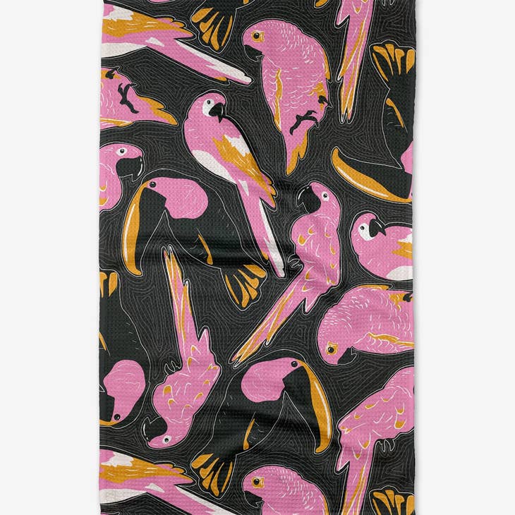 Recycled polyester waffle weave tea towel with single-sided print.