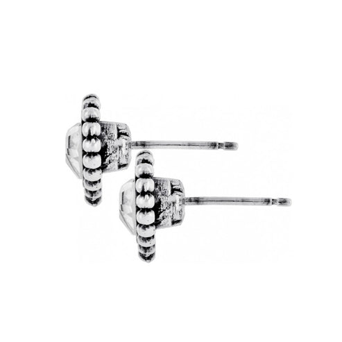 Side view of silver plated Shimmer Heart Mini Post Earrings with crystal accents.