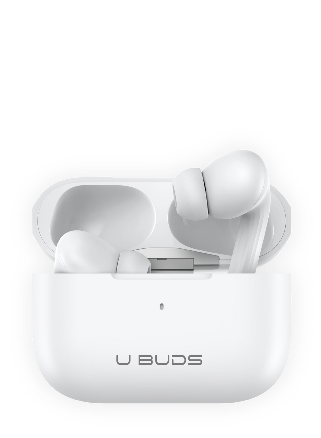 White U Buds Hybrid wireless earbuds in an open charging case with U BUDS logo.