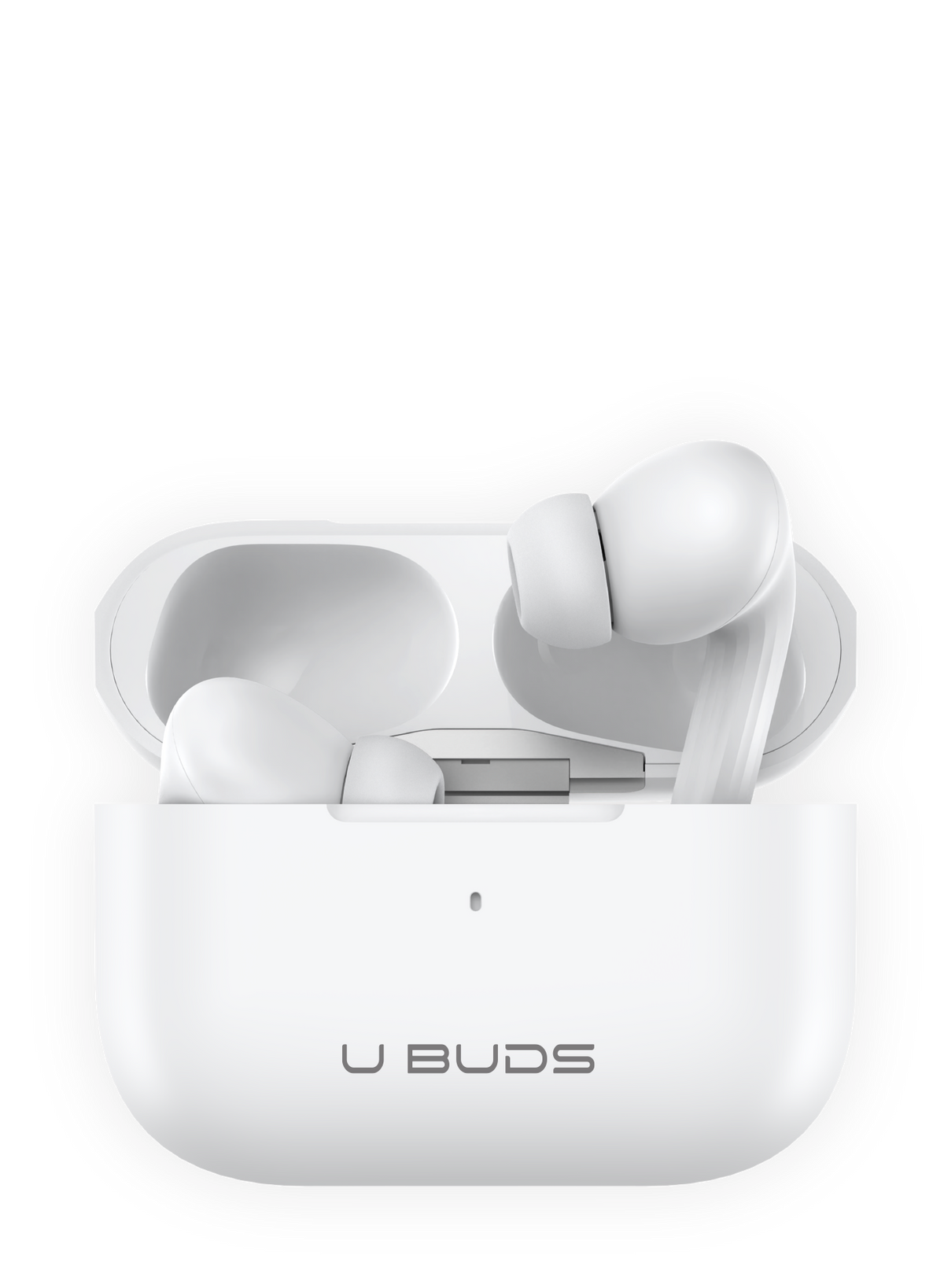 White U Buds Hybrid wireless earbuds in an open charging case with U BUDS logo.