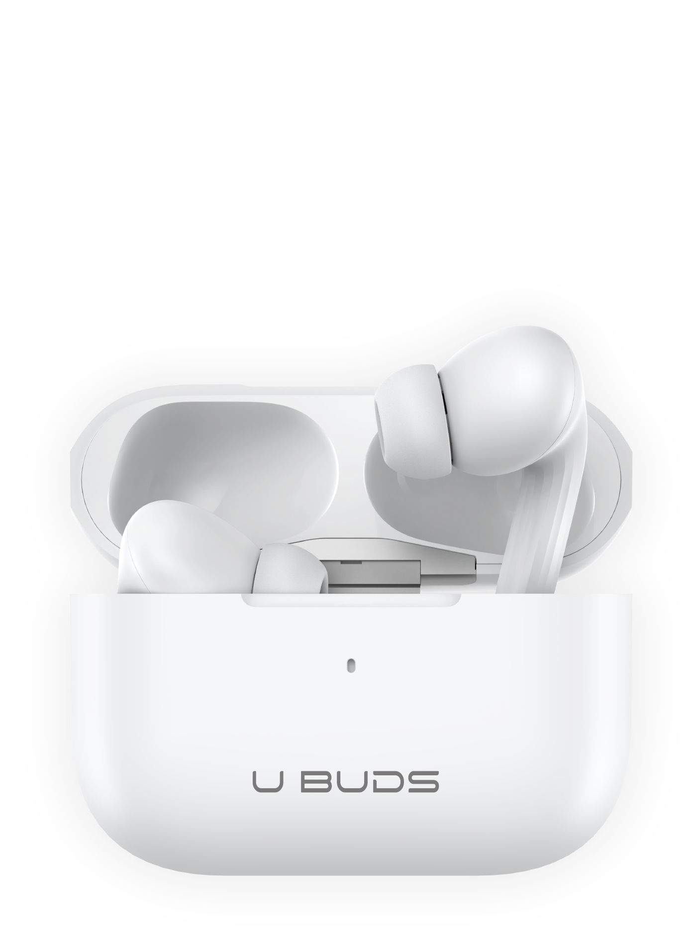 White U Buds Hybrid wireless earbuds in an open charging case with U BUDS logo.