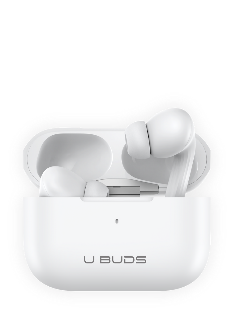 White U Buds Hybrid wireless earbuds in an open charging case with U BUDS logo.