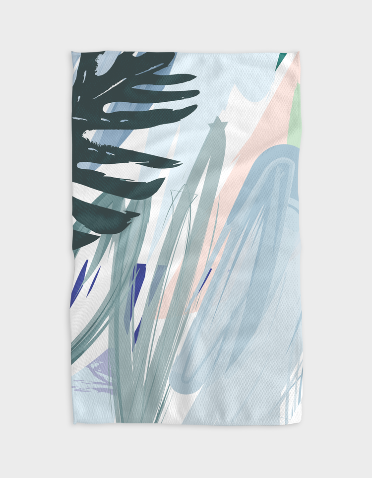 Recycled polyester waffle weave tea towel with single-sided print.