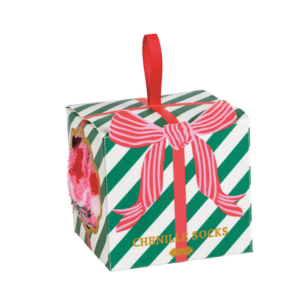 Chenille socks in a green and white striped gift box with a red ribbon and pink bow illustration.