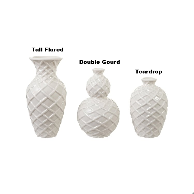 Three white stoneware basket weave vases in Tall Flared, Double Gourd, and Teardrop styles.