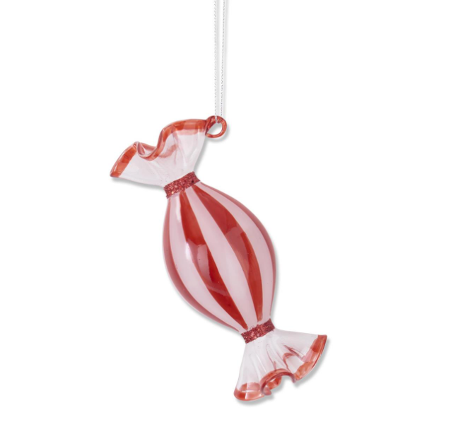 Red and white glass candy ornament with a classic round shape.