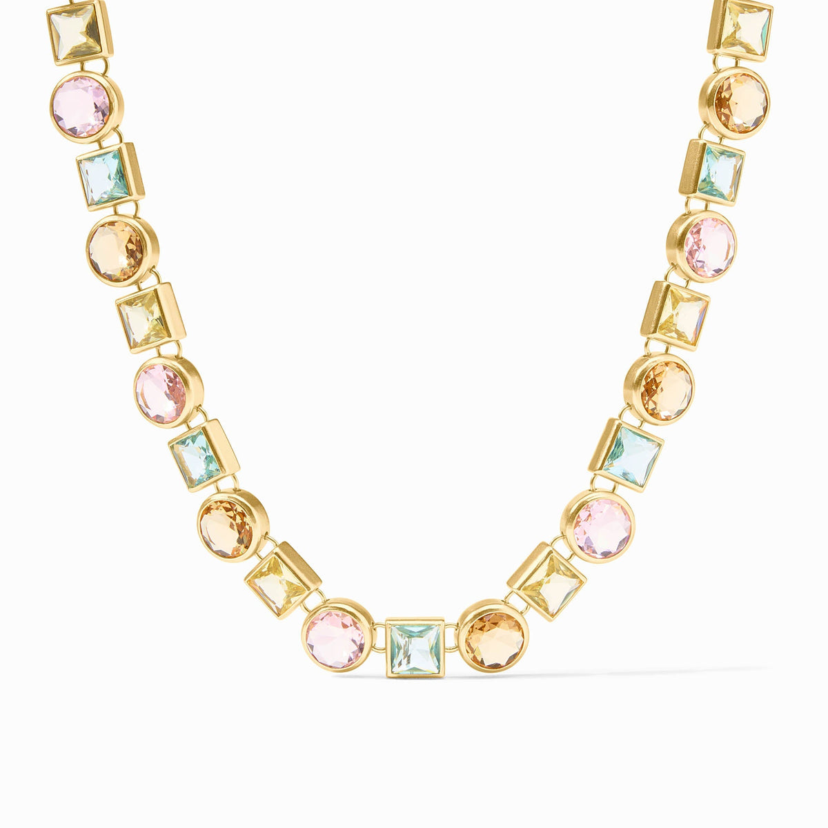 Adjustable tennis necklace with round clear glass stones in a polished gold-tone finish.