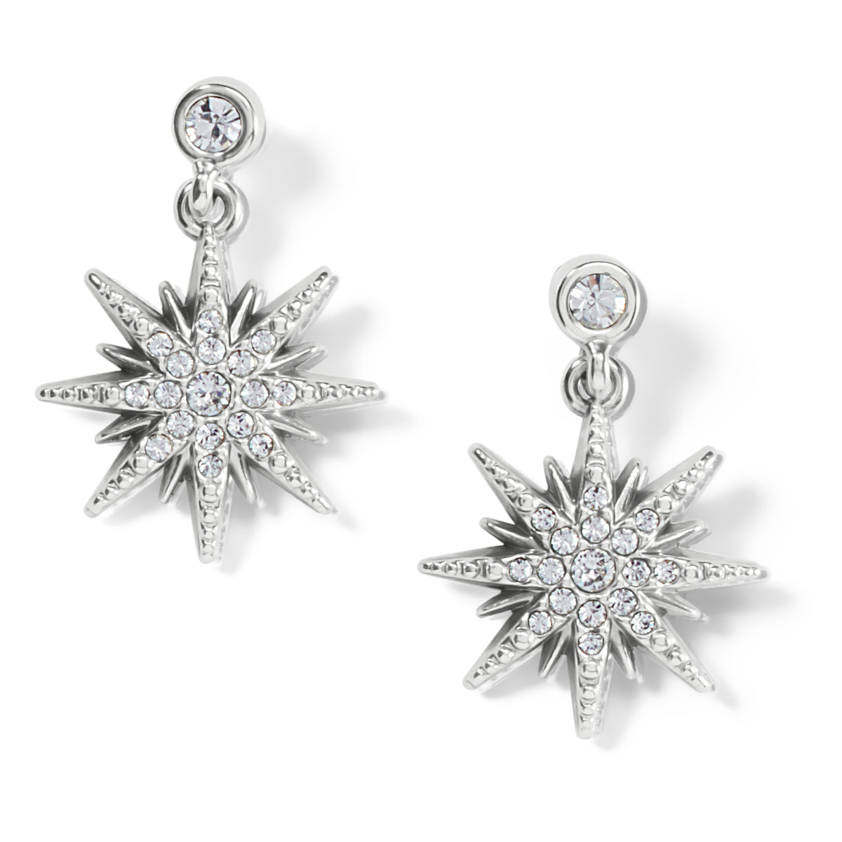 Silver plated post earrings with flat disc backs featuring a radiant star pattern made from fine quality crystal.