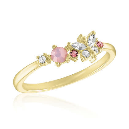 Gold ring featuring a rose water opal, pink crystals, and a butterfly design with clear stones.