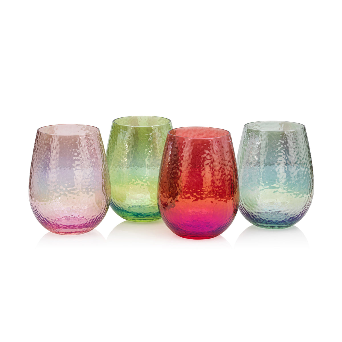 Set of four Aperitivo stemless all-purpose glasses in iridescent pink, green, red, and blue.