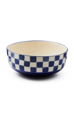 Round ceramic serving bowl with a blue and white checkered pattern on the exterior.
